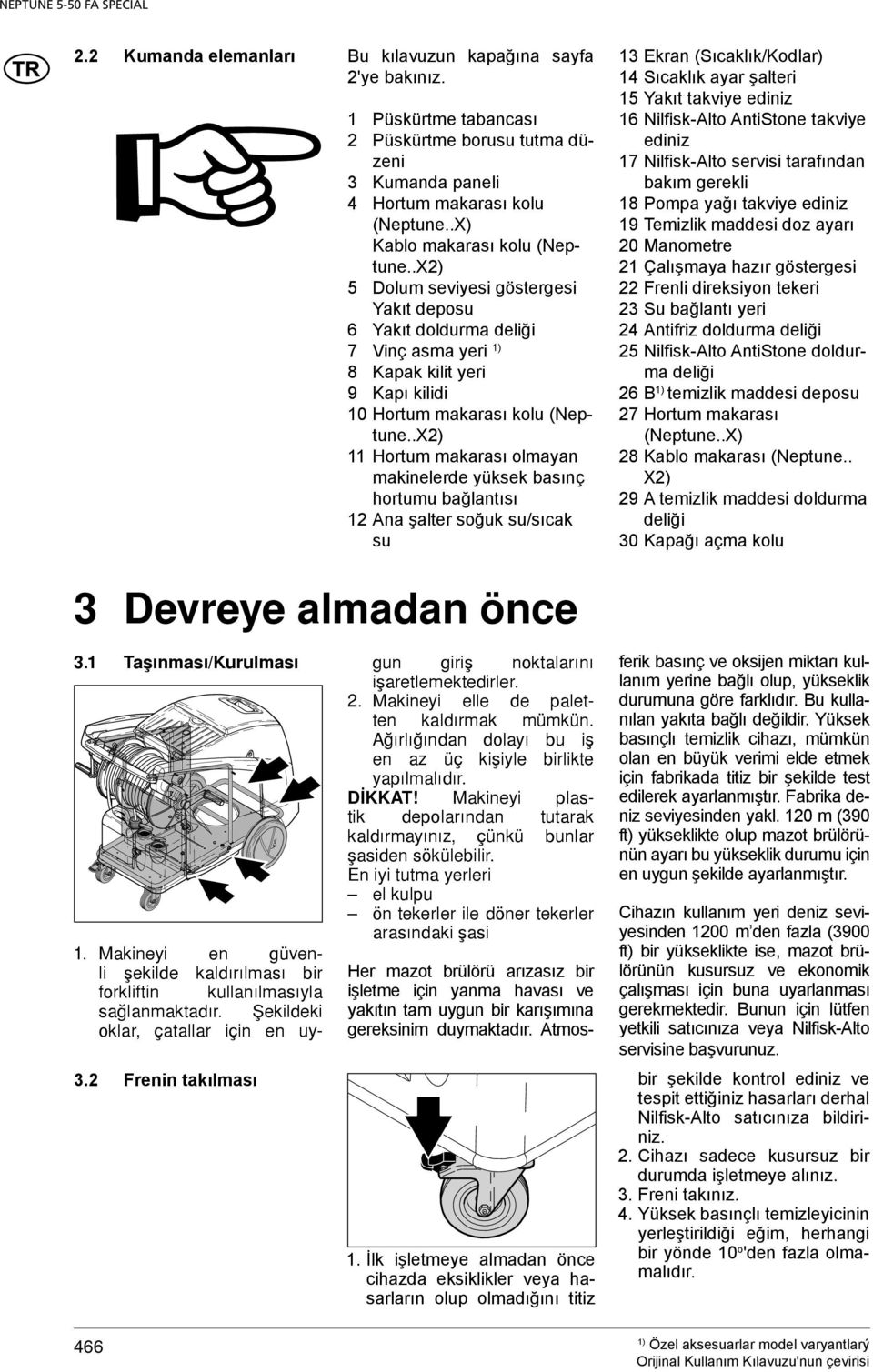 .X2) 11 Hortum makarası olmayan makinelerde yüksek basınç hortumu bağlantısı 12 Ana şalter soğuk su/sıcak su 13 Ekran (Sıcaklık/Kodlar) 14 Sıcaklık ayar şalteri 15 Yakıt takviye ediniz 16