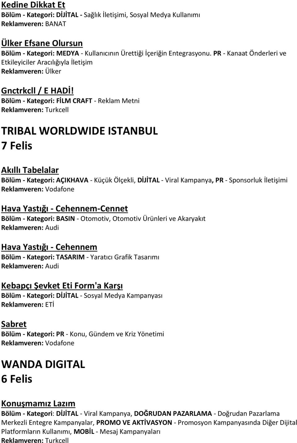 Bölüm - Kategori: FİLM CRAFT - Reklam Metni Reklamveren: Turkcell TRIBAL WORLDWIDE ISTANBUL 7 Felis Akıllı Tabelalar Bölüm - Kategori: AÇIKHAVA - Küçük Ölçekli, DİJİTAL - Viral Kampanya, PR -
