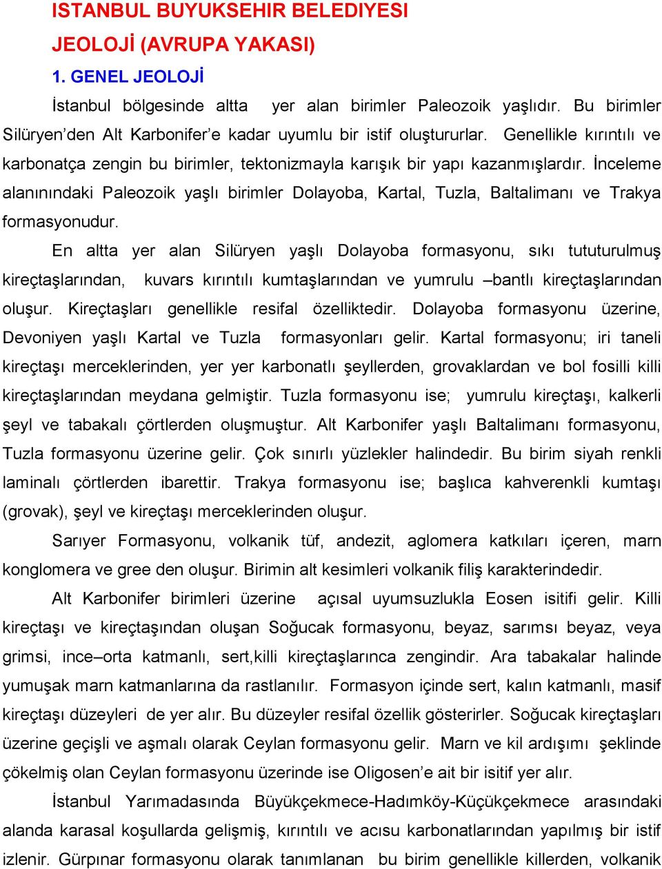 İnceleme alanınındaki Paleozoik yaşlı birimler Dolayoba, Kartal, Tuzla, Baltalimanı ve Trakya formasyonudur.