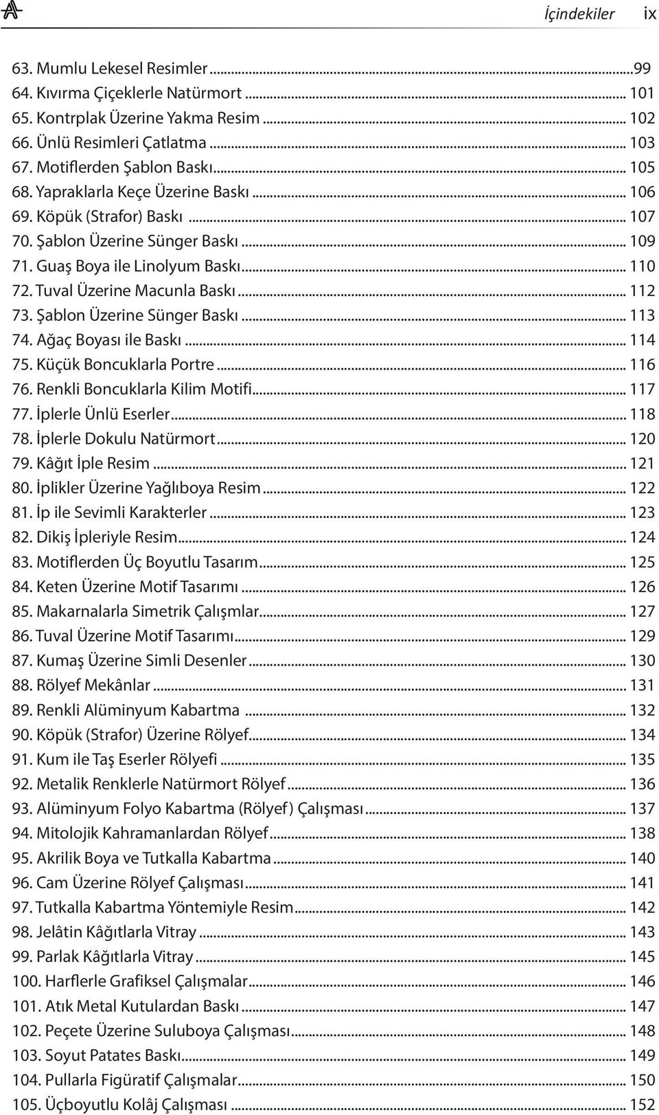 Şablon Üzerine Sünger Baskı... 113 74. Ağaç Boyası ile Baskı... 114 75. Küçük Boncuklarla Portre... 116 76. Renkli Boncuklarla Kilim Motifi... 117 77. İplerle Ünlü Eserler... 118 78.