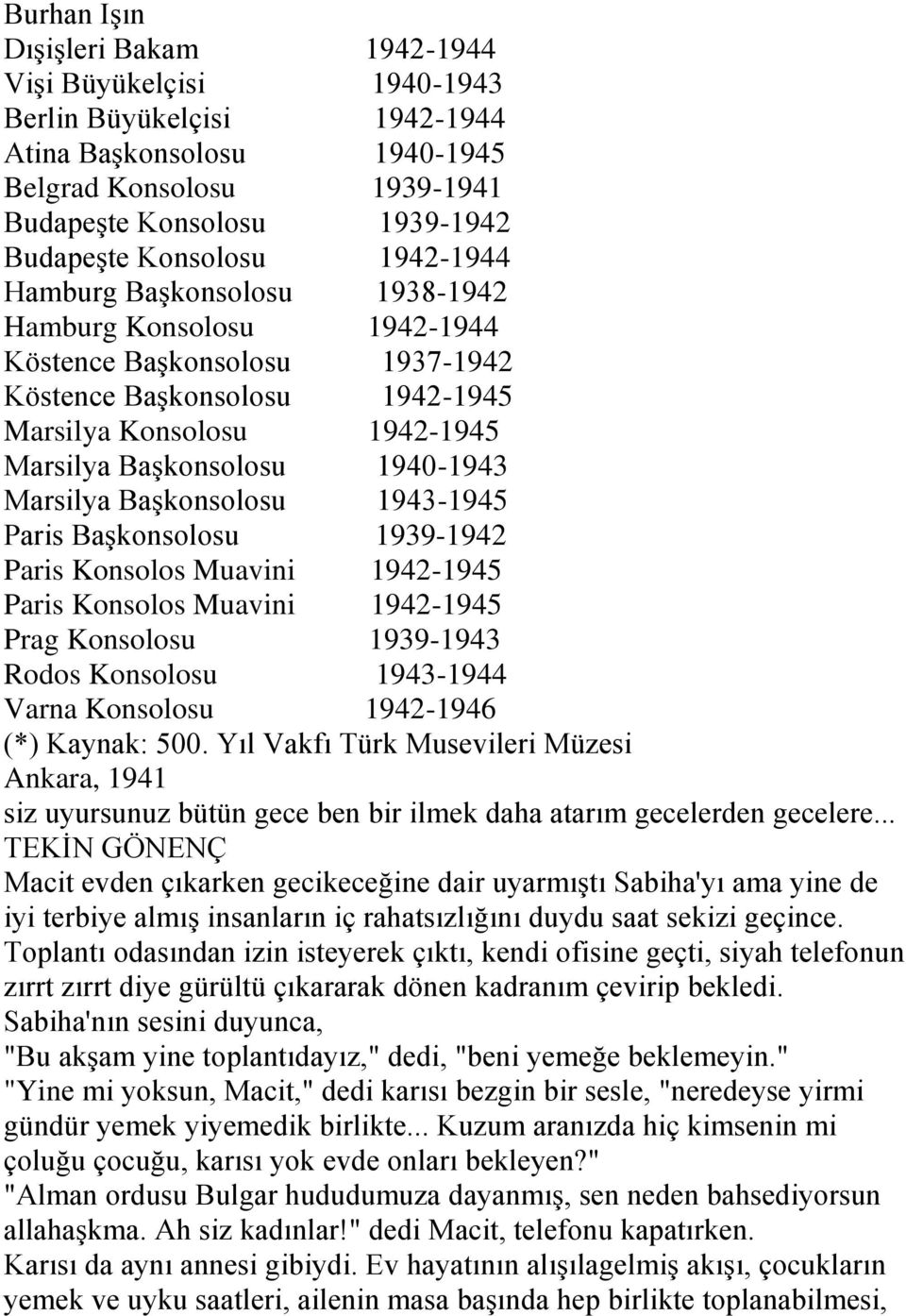 1940-1943 Marsilya BaĢkonsolosu 1943-1945 Paris BaĢkonsolosu 1939-1942 Paris Konsolos Muavini 1942-1945 Paris Konsolos Muavini 1942-1945 Prag Konsolosu 1939-1943 Rodos Konsolosu 1943-1944 Varna