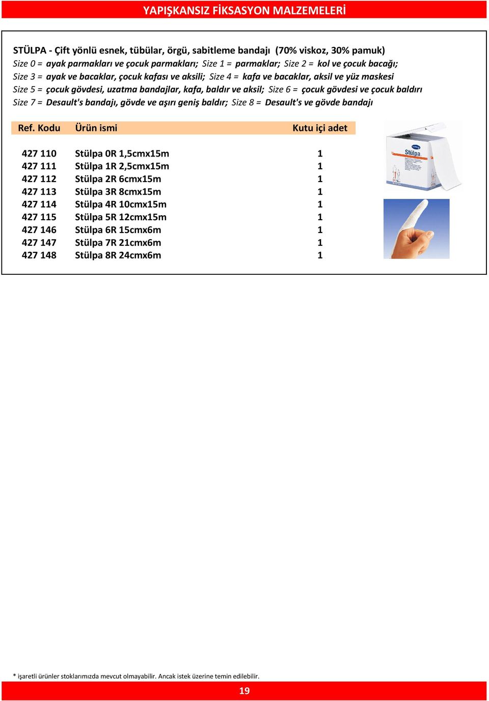 = çocuk gövdesi ve çocuk baldırı Size 7 = Desault's bandajı, gövde ve aşırı geniş baldır; Size 8 = Desault's ve gövde bandajı 427 110 Stülpa 0R 1,5cmx15m 1 427 111 Stülpa 1R 2,5cmx15m 1 427