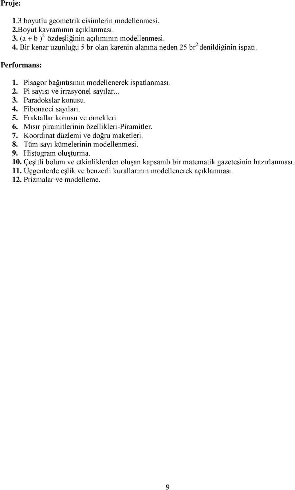 Paradokslar konusu. 4. Fibonacci sayıları. 5. Fraktallar konusu ve örnekleri. 6. Mısır piramitlerinin özellikleri-piramitler. 7. Koordinat düzlemi ve doğru maketleri. 8.