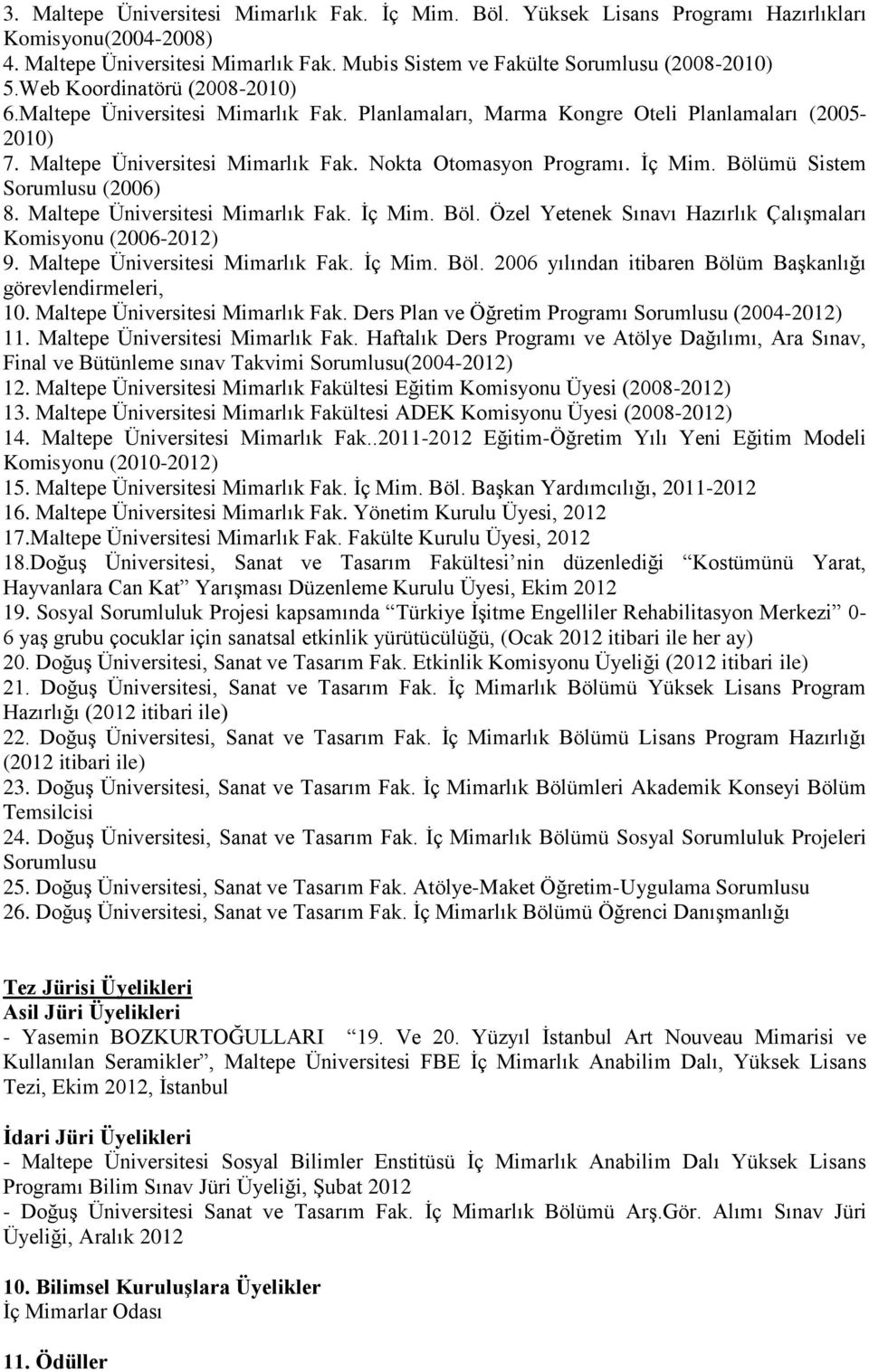 Bölümü Sistem Sorumlusu (2006) 8. Maltepe Üniversitesi Mimarlık Fak. İç Mim. Böl. Özel Yetenek Sınavı Hazırlık Çalışmaları Komisyonu (2006-2012) 9. Maltepe Üniversitesi Mimarlık Fak. İç Mim. Böl. 2006 yılından itibaren Bölüm Başkanlığı görevlendirmeleri, 10.