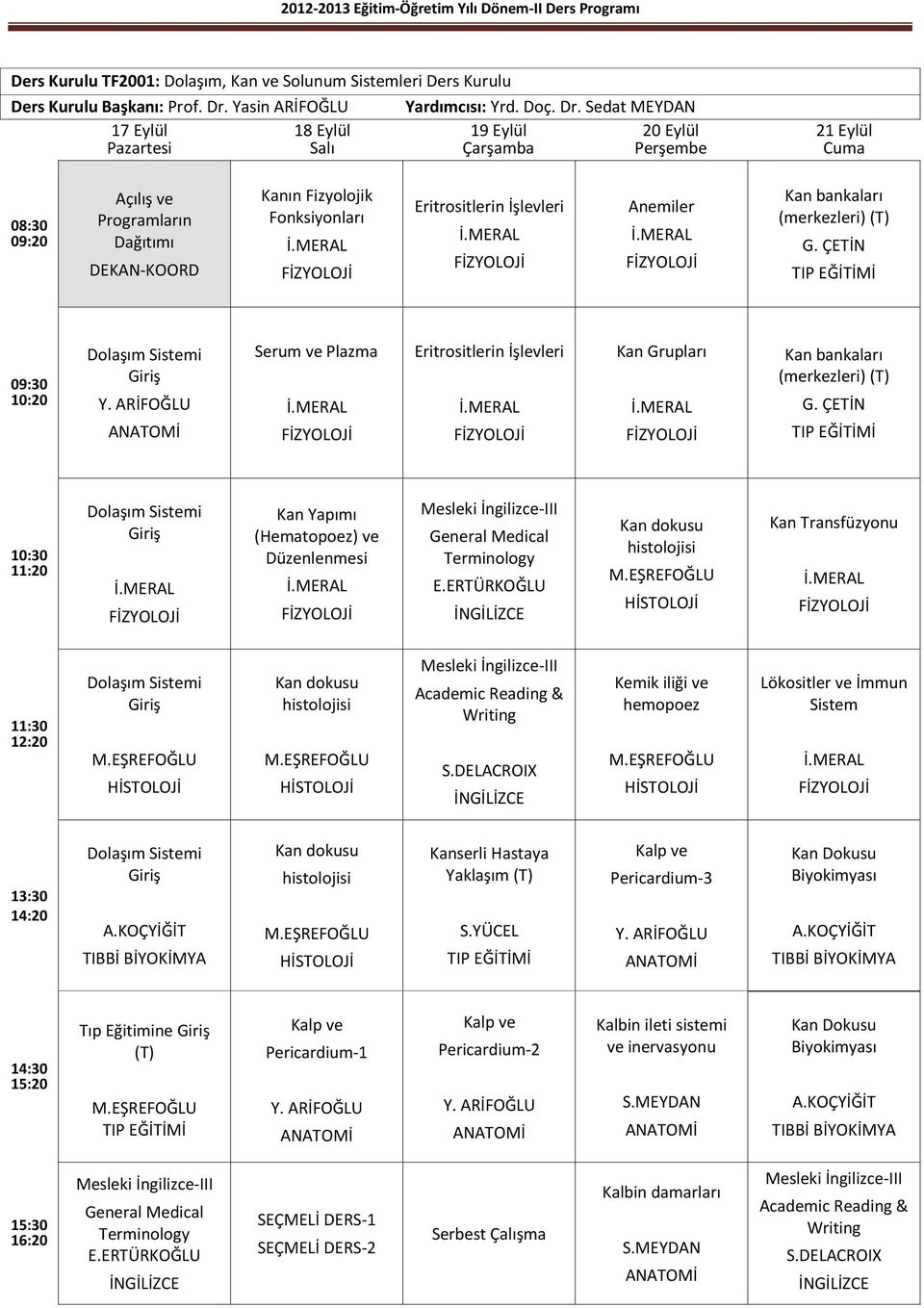 Sedat MEYDAN 17 Eylül 18 Eylül 19 Eylül 20 Eylül Pazartesi Salı Çarşamba Perşembe 21 Eylül Açılış ve Programların Dağıtımı DEKAN-KOORD Kanın Fizyolojik Fonksiyonları Eritrositlerin İşlevleri Anemiler