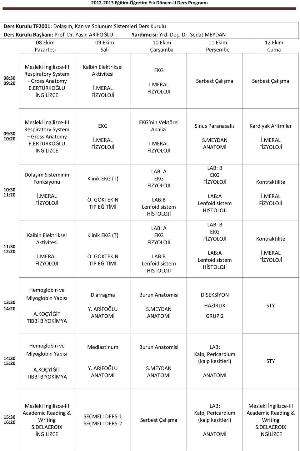 Sedat MEYDAN 08 Ekim Pazartesi 09 Ekim Salı 10 Ekim Çarşamba 11 Ekim Perşembe 12 Ekim Respiratory System Gross Anatomy Kalbin Elektriksel Aktivitesi EKG Respiratory System Gross Anatomy EKG EKG nin