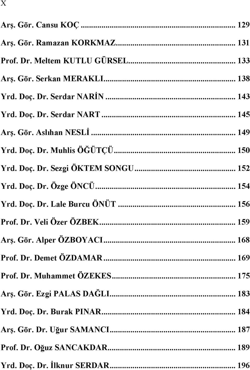 Doç. Dr. Lale Burcu ÖNÜT... 156 Prof. Dr. Veli Özer ÖZBEK... 159 Arş. Gör. Alper ÖZBOYACI... 168 Prof. Dr. Demet ÖZDAMAR... 169 Prof. Dr. Muhammet ÖZEKES... 175 Arş.