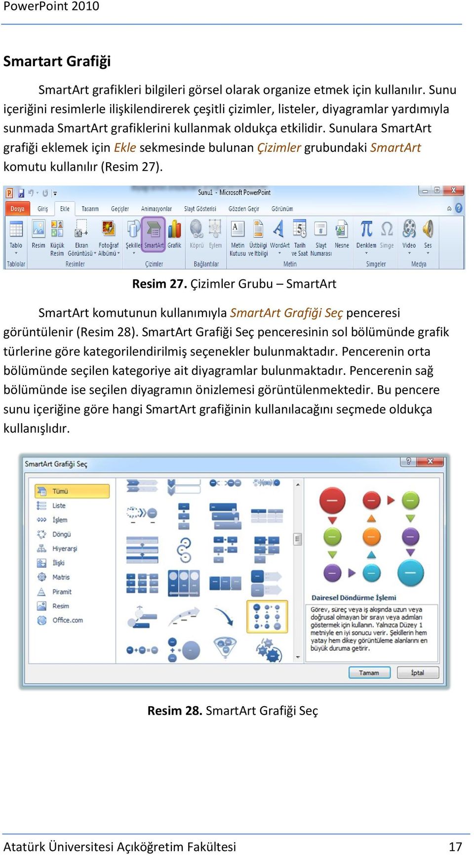 Sunulara SmartArt grafiği eklemek için Ekle sekmesinde bulunan Çizimler grubundaki SmartArt komutu kullanılır (Resim 27). Resim 27.