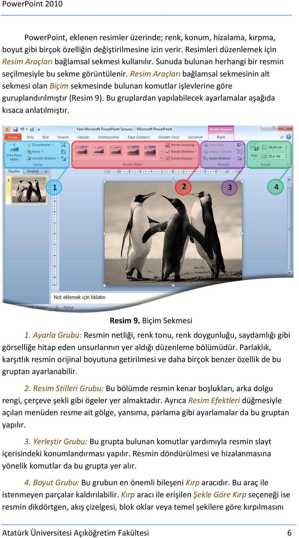 Resim Araçları bağlamsal sekmesinin alt sekmesi olan Biçim sekmesinde bulunan komutlar işlevlerine göre guruplandırılmıştır (Resim 9).