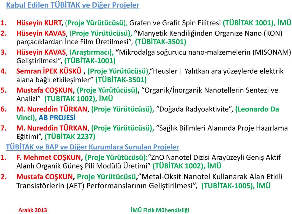 Hüseyin KAVAS, (Araştırmacı), Mikrodalga soğurucu nano-malzemelerin (MISONAM) Geliştirilmesi, (TÜBİTAK-1001) 4.