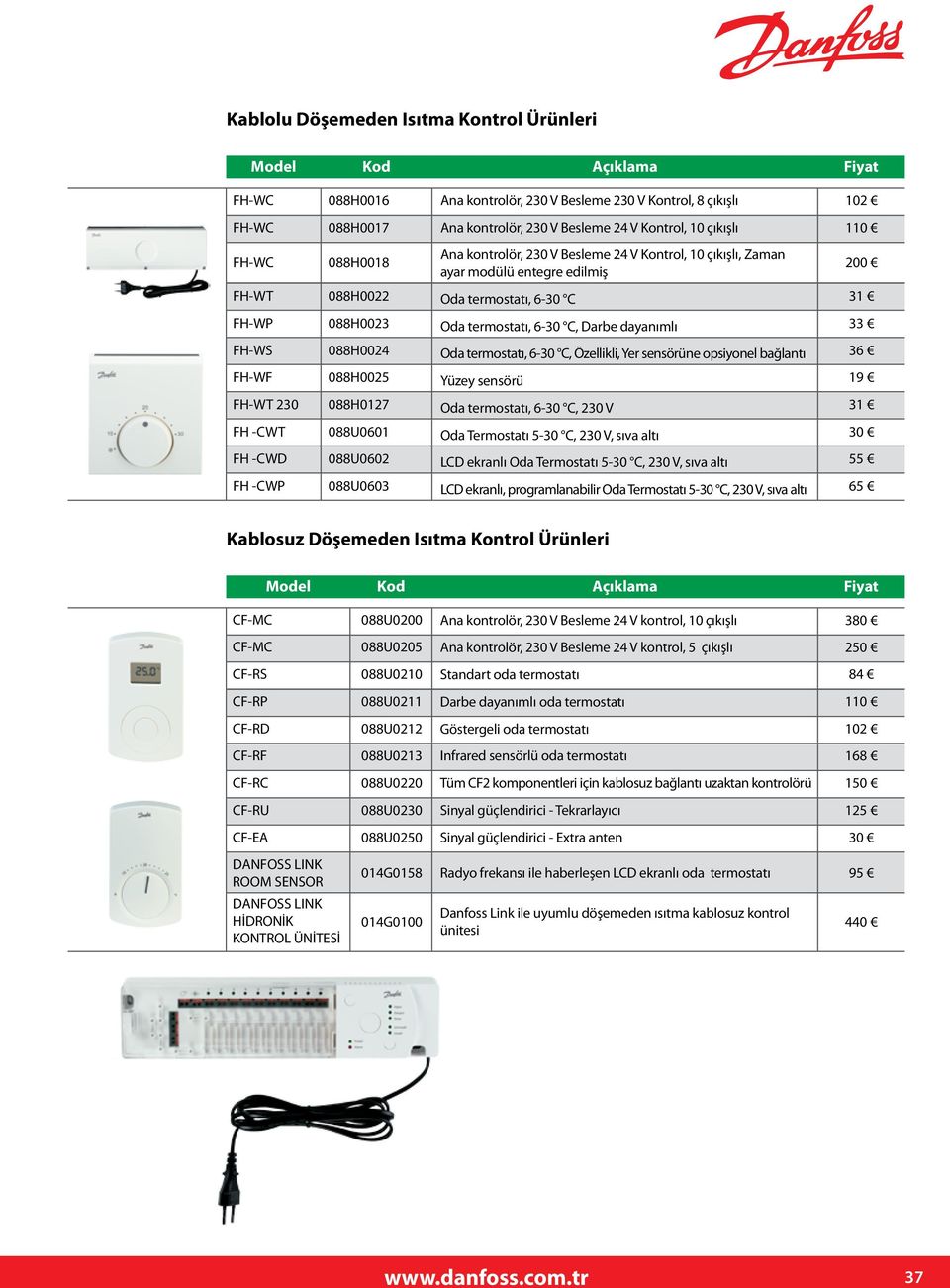 FH-WS 088H0024 Oda termostatı, 6-30 C, Özellikli, Yer sensörüne opsiyonel bağlantı 36 FH-WF 088H0025 Yüzey sensörü 19 FH-WT 230 088H0127 Oda termostatı, 6-30 C, 230 V 31 FH -CWT 088U0601 Oda