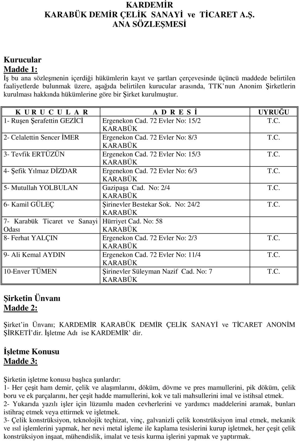 arasında, TTK nun Anonim Şirketlerin kurulması hakkında hükümlerine göre bir Şirket kurulmuştur. K U R U C U L A R A D R E S İ UYRUĞU 1- Ruşen Şerafettin GEZİCİ Ergenekon Cad.