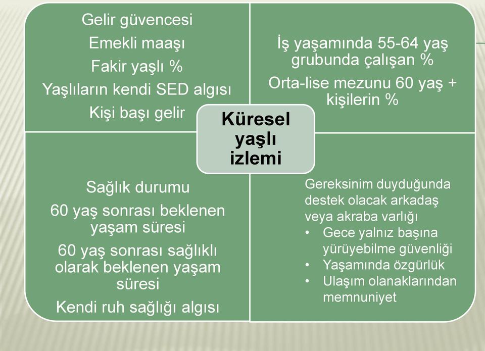 izlemi ĠĢ yaģamında 55-64 yaģ grubunda çalıģan % Orta-lise mezunu 60 yaģ + kiģilerin % Gereksinim duyduğunda destek