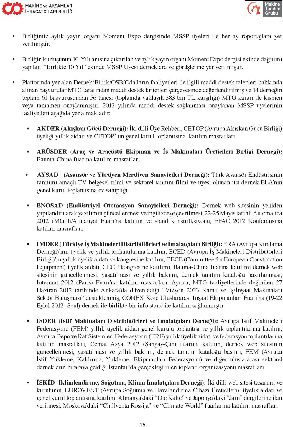 Platformda yer alan Dernek/Birlik/OSB/Oda ların faaliyetleri ile ilgili maddi destek talepleri hakkında alınan başvurular MTG tarafından maddi destek kriterleri çerçevesinde değerlendirilmiş ve 14