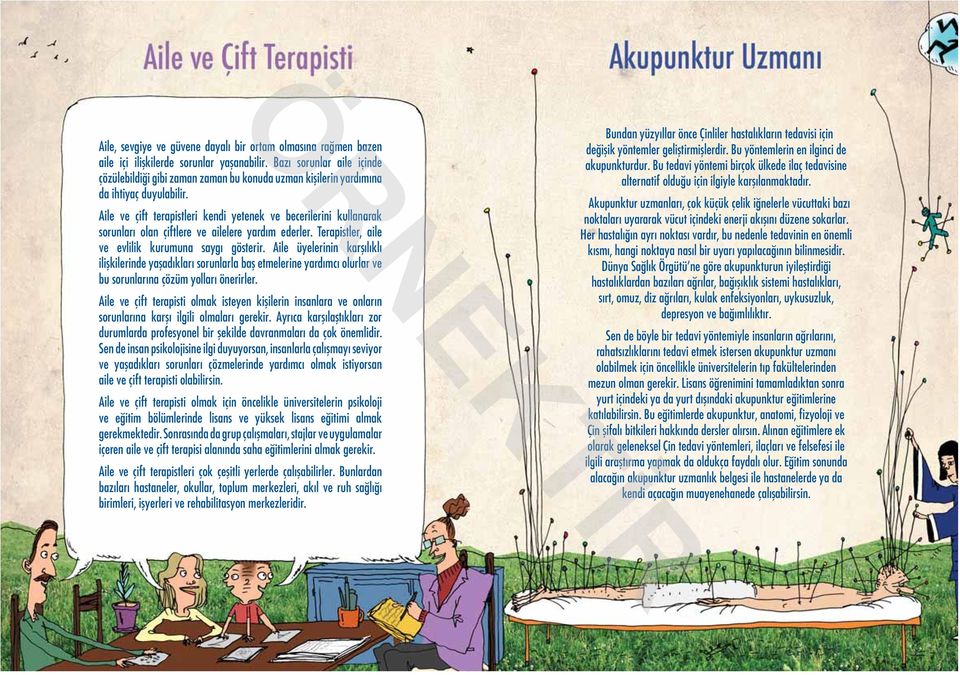 Aile ve çift terapistleri kendi yetenek ve becerilerini kullanarak sorunları olan çiftlere ve ailelere yardım ederler. Terapistler, aile ve evlilik kurumuna saygı gösterir.