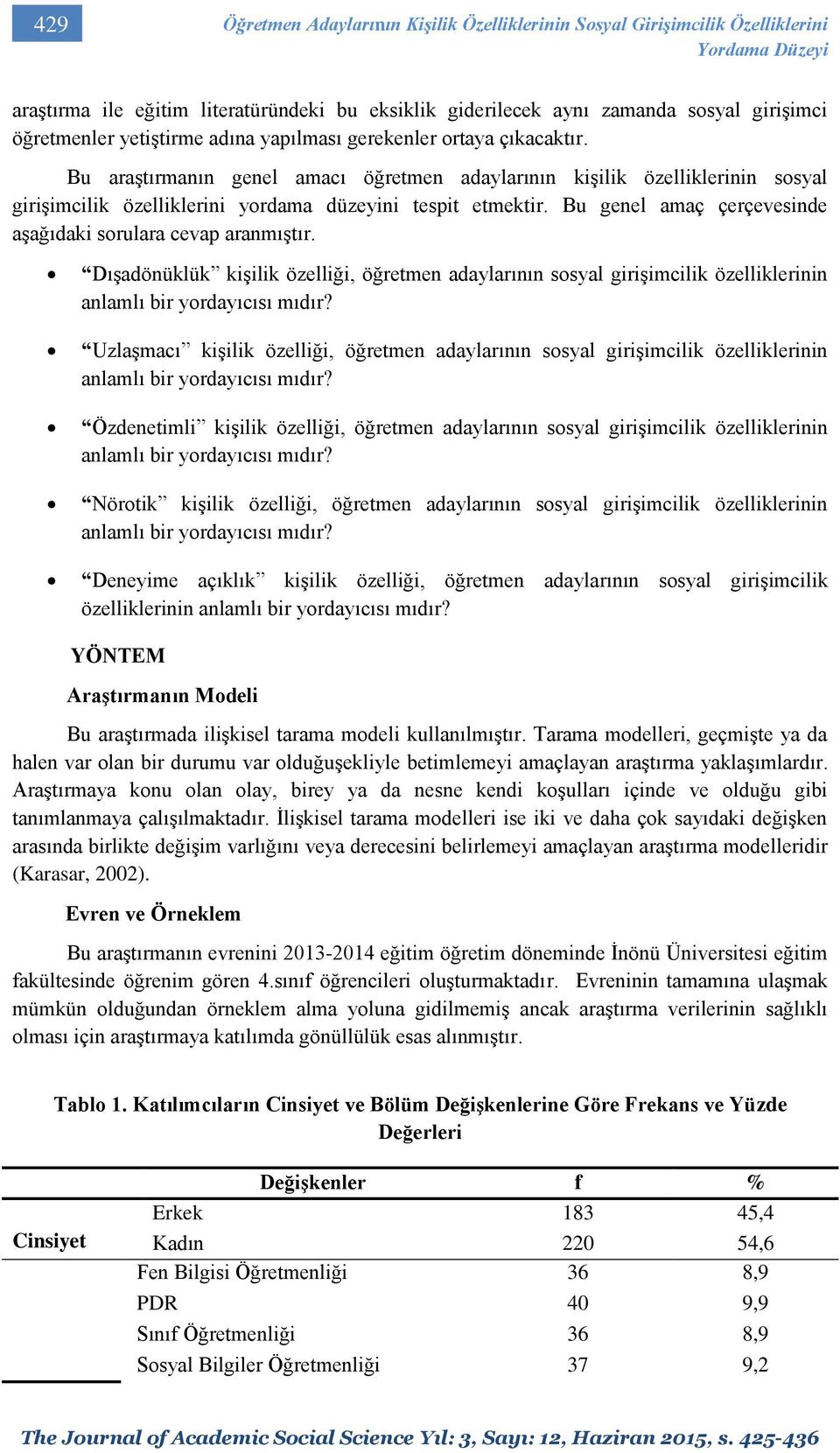 Bu genel amaç çerçevesinde aşağıdaki sorulara cevap aranmıştır. Dışadönüklük kişilik özelliği, öğretmen adaylarının sosyal girişimcilik özelliklerinin anlamlı bir yordayıcısı mıdır?