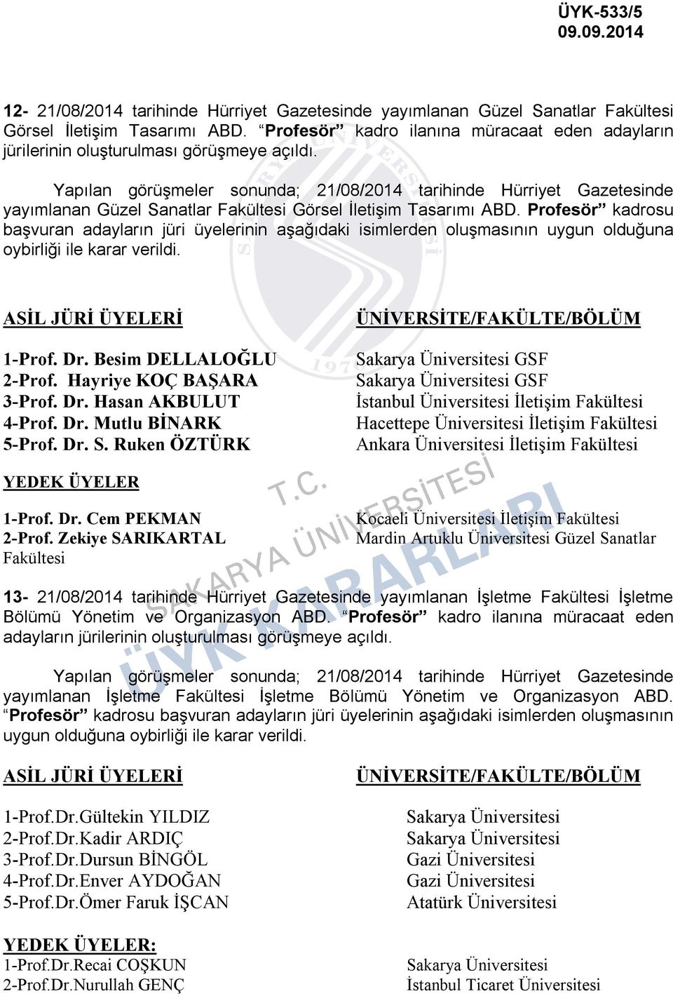 Yapılan görüşmeler sonunda; 21/08/2014 tarihinde Hürriyet Gazetesinde yayımlanan Güzel Sanatlar Fakültesi Görsel İletişim Tasarımı ABD.