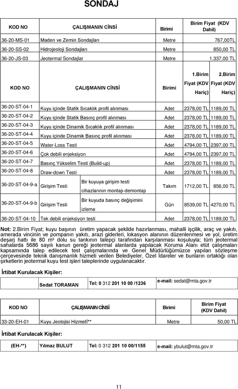 Birim Fiyat (KDV Hariç) 36-20-ST-04-1 Kuyu içinde Statik Sıcaklık profil alınması Adet 2378,00 TL 1189,00 TL 36-20-ST-04-2 Kuyu içinde Statik Basınç profil alınması Adet 2378,00 TL 1189,00 TL