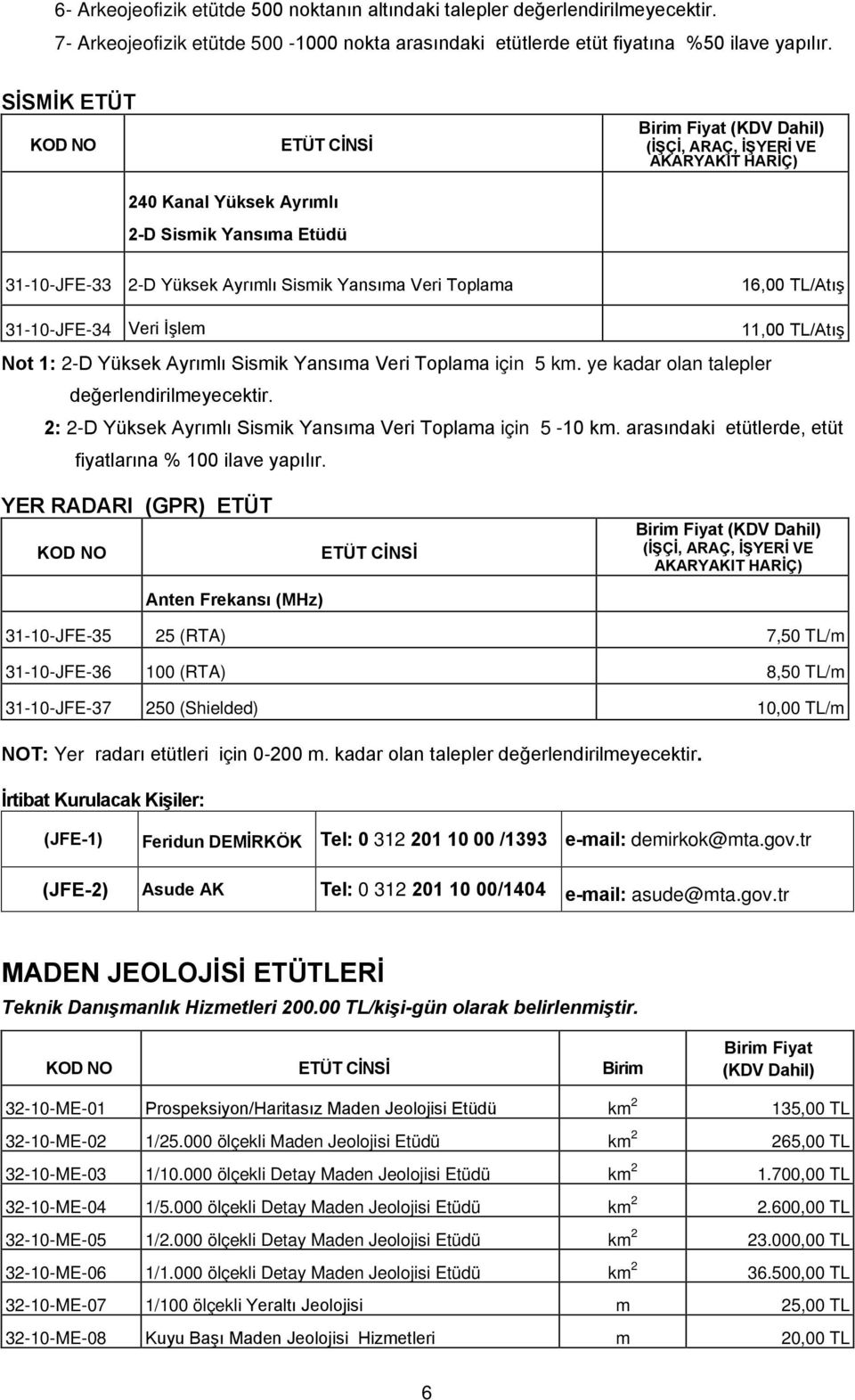 TL/Atış 31-10-JFE-34 Veri İşlem 11,00 TL/Atış Not 1: 2-D Yüksek Ayrımlı Sismik Yansıma Veri Toplama için 5 km. ye kadar olan talepler değerlendirilmeyecektir.