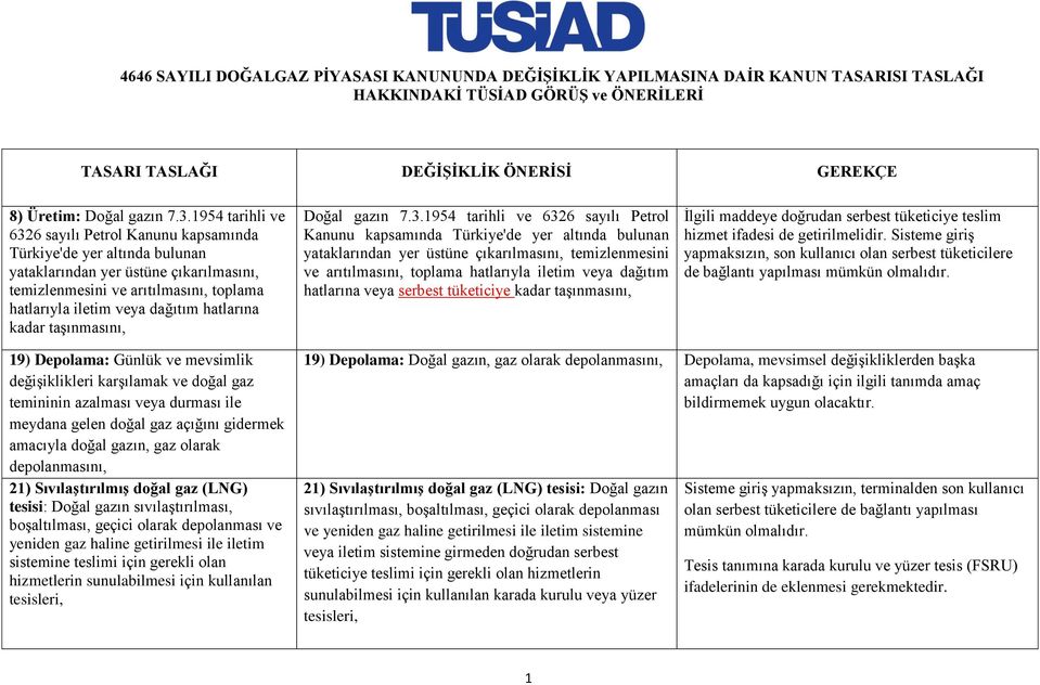 hatlarına kadar taşınmasını, Doğal gazın 7.3. hatlarına veya serbest tüketiciye kadar taşınmasını, İlgili maddeye doğrudan serbest tüketiciye teslim hizmet ifadesi de getirilmelidir.