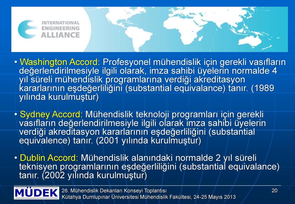 (1989 yılında kurulmuştur) Sydney Accord: Mühendislik teknoloji programları için gerekli vasıfların değerlendirilmesiyle ilgili olarak imza sahibi üyelerin verdiği