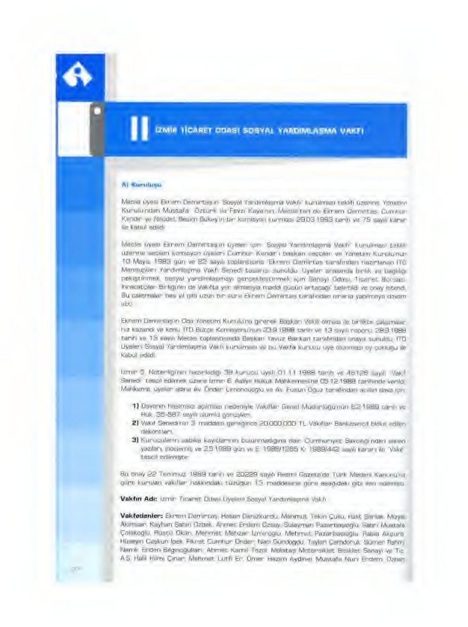 Meclis üyesi Ekrem Demirtaşın üyeler ıçın 'Sosyal Yardımlaşma Vakfı" kurulması teklifi üzerine seçilen komisyon üyeleri Cumhur Kendirı başkan seçtiler ve Yönetim Kurulunun 10 Mayıs 1983 gun ve 82