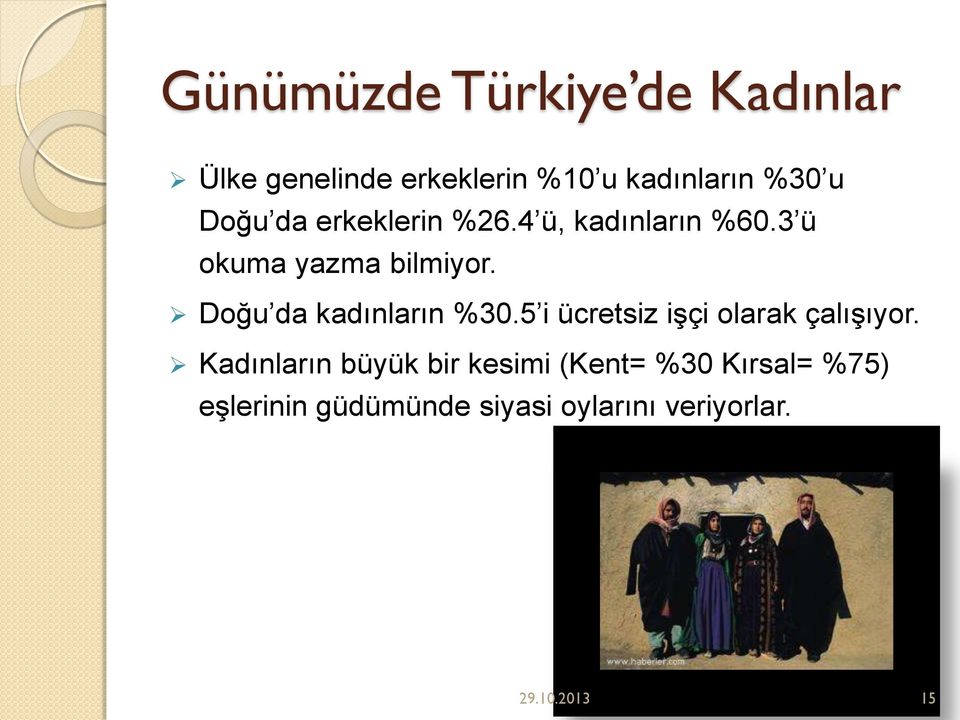 Doğu da kadınların %30.5 i ücretsiz işçi olarak çalışıyor.