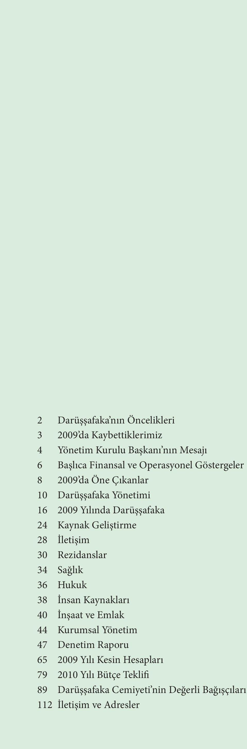 28 İletişim 30 Rezidanslar 34 Sağlık 36 Hukuk 38 İnsan Kaynakları 40 İnşaat ve Emlak 44 Kurumsal Yönetim 47 Denetim