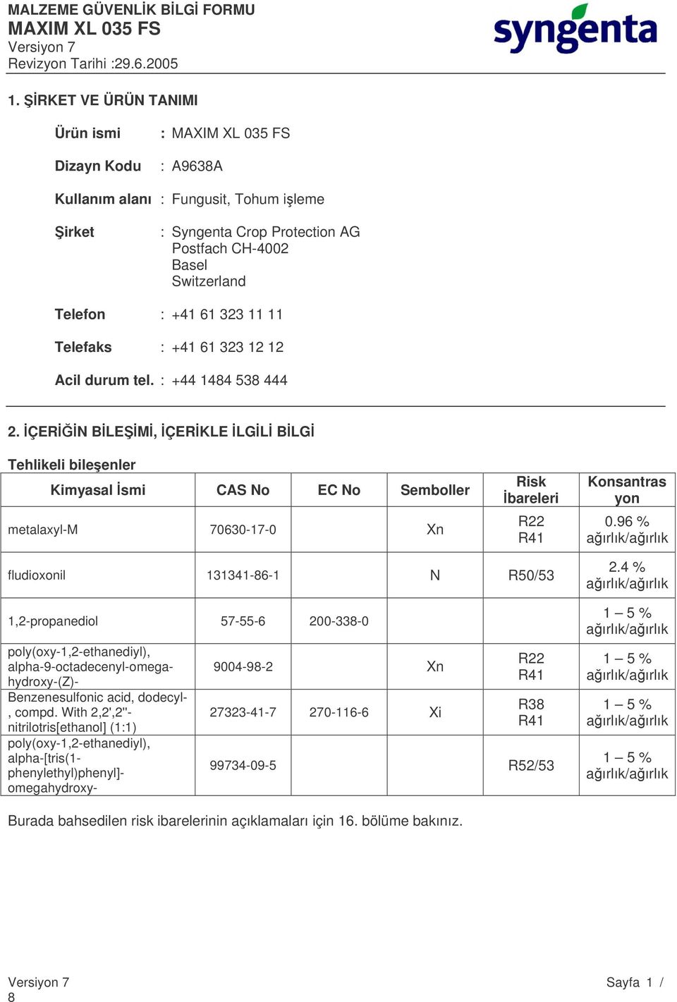 ÇERN BLEM, ÇERKLE LGL BLG Tehlikeli bileenler Kimyasal smi CAS No EC No Semboller metalaxyl-m 70630-17-0 Xn Risk bareleri R22 R41 Konsantras yon 0.