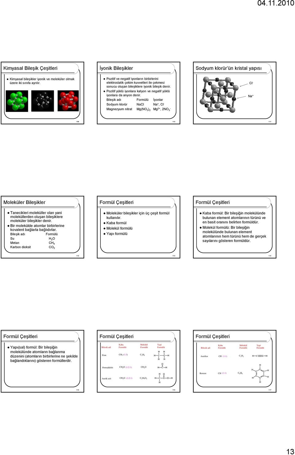 Bileşik adı Frmülü İynlar Sdyum klrür NaCl Na +, Cl - Magnezyum nitrat Mg(NO 3 ) 2 Mg 2+, 2NO - 3 Cl - Na + 109 110 111 Mleküler Bileşikler Tanecikleri mleküller lan yani mleküllerden luşan