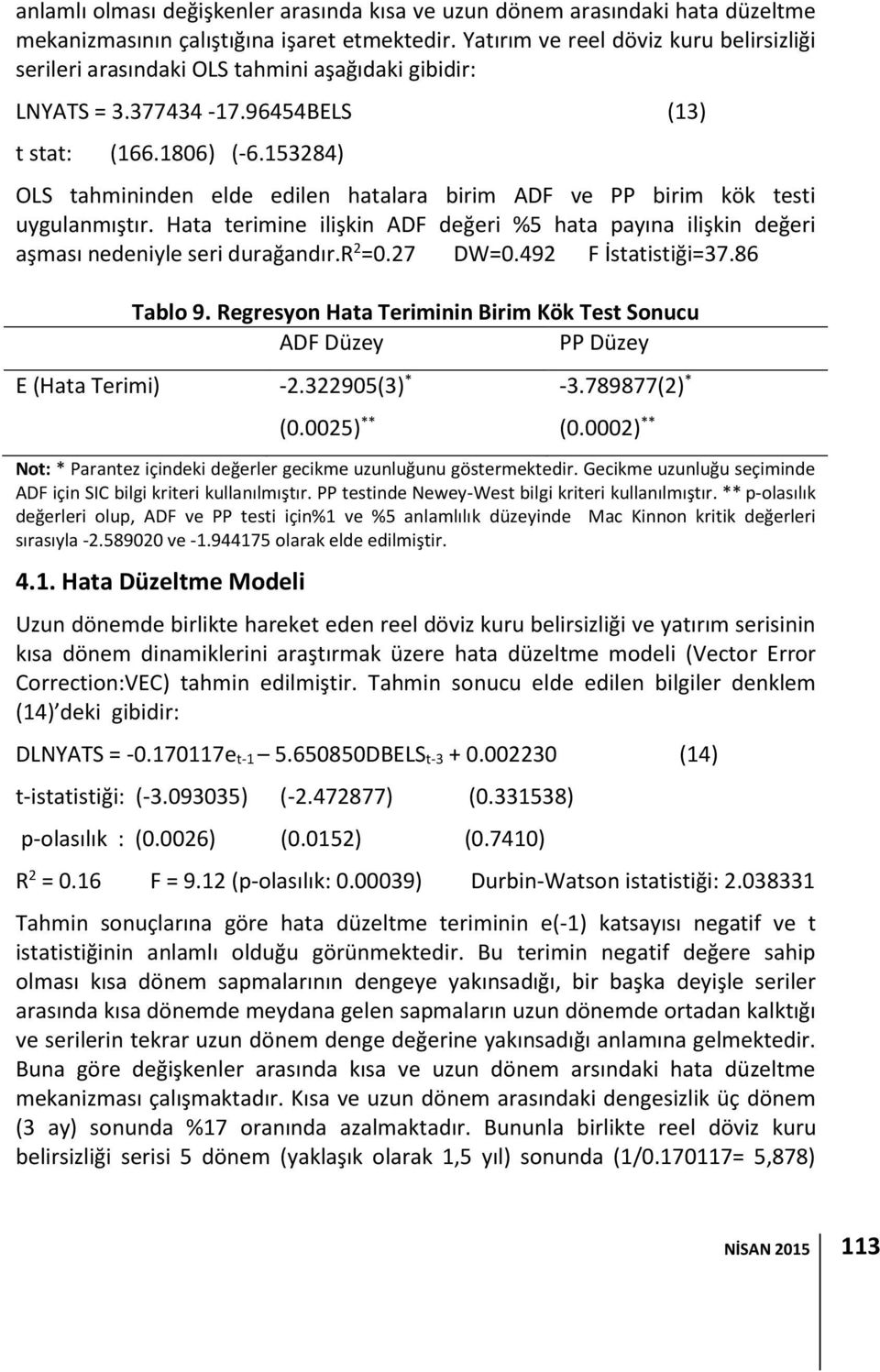 15384) OLS tahmininden elde edilen hatalara birim ADF ve PP birim kök testi uygulanmıştır. Hata terimine ilişkin ADF değeri %5 hata payına ilişkin değeri aşması nedeniyle seri durağandır.r =0.7 DW=0.