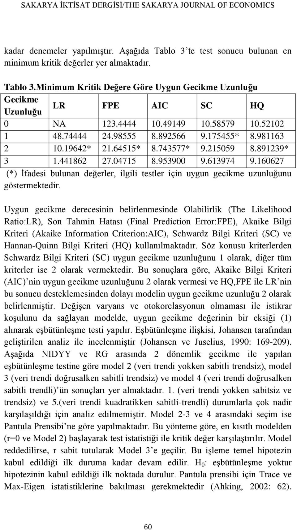 160627 (*) İfadesi bulunan değerler, ilgili testler için uygun gecikme uzunluğunu göstermektedir.