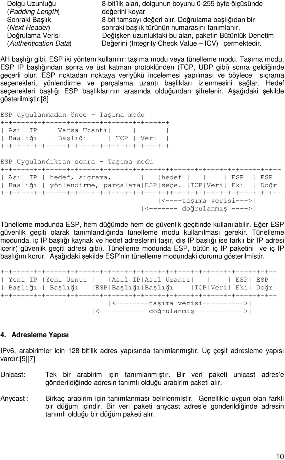 AH balıı gibi, ESP iki yöntem kullanılır: taıma modu veya tünelleme modu. Taıma modu, ESP IP balıından sonra ve üst katman protoklünden (TCP, UDP gibi) sonra geldiinde geçerli olur.