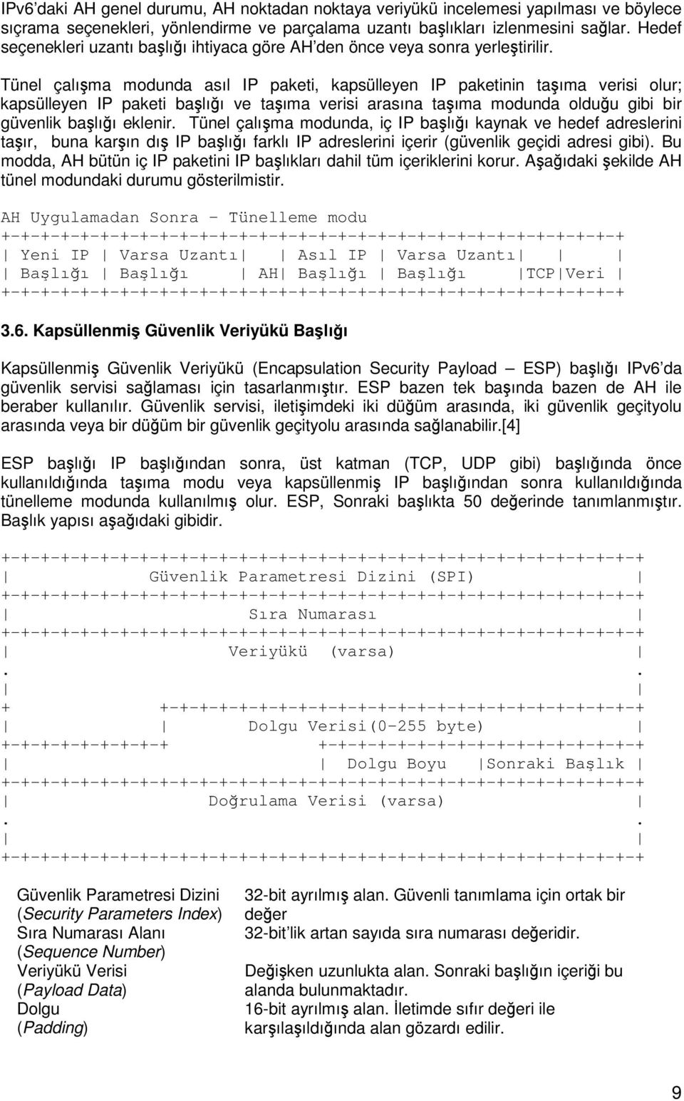 Tünel çalıma modunda asıl IP paketi, kapsülleyen IP paketinin taıma verisi olur; kapsülleyen IP paketi balıı ve taıma verisi arasına taıma modunda olduu gibi bir güvenlik balıı eklenir.