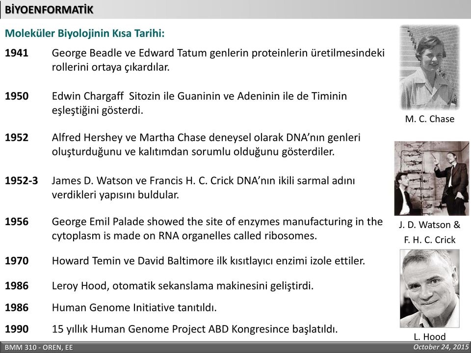 1952-3 James D. Watson ve Francis H. C. Crick DNA nın ikili sarmal adını verdikleri yapısını buldular.