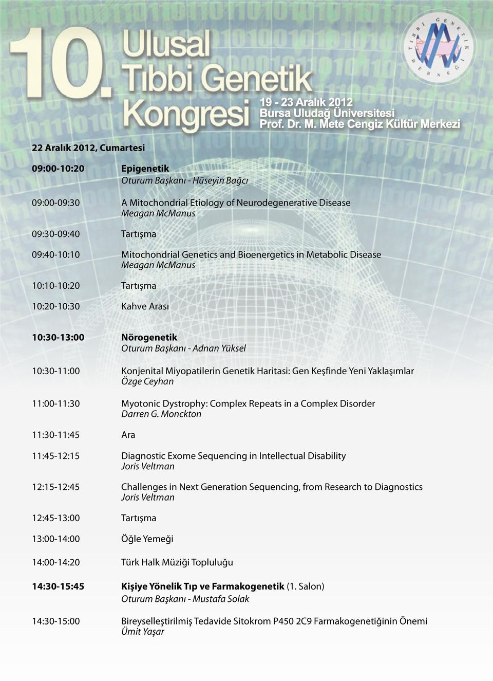 Miyopatilerin Genetik Haritasi: Gen Keşfinde Yeni Yaklaşımlar Özge Ceyhan 11:00-11:30 Myotonic Dystrophy: Complex Repeats in a Complex Disorder Darren G.