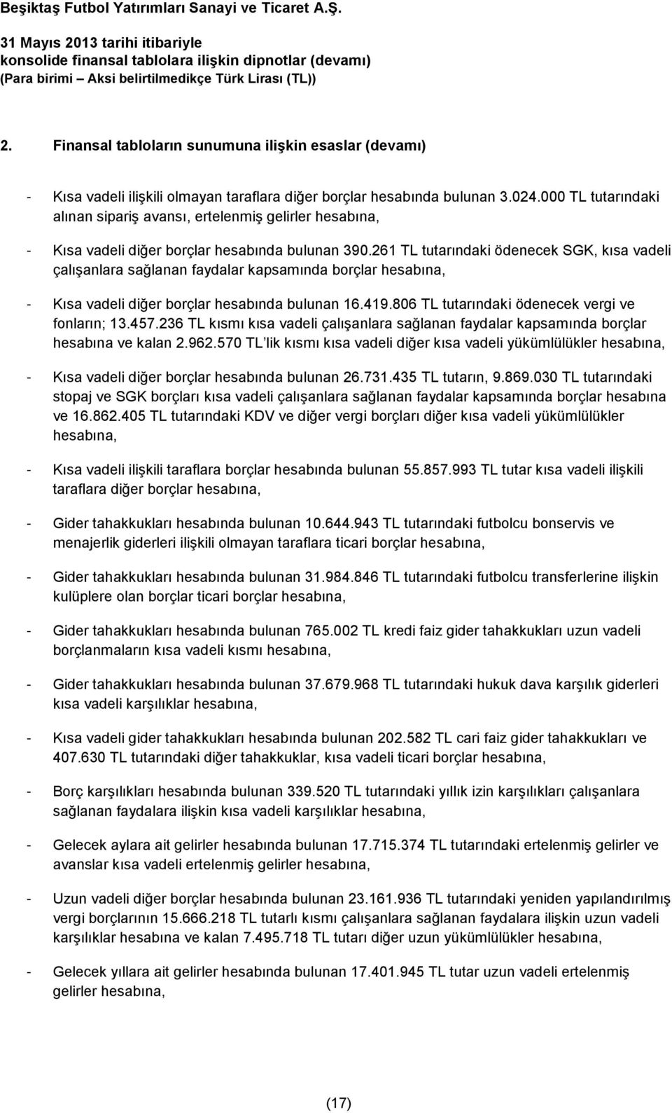 261 TL tutarındaki ödenecek SGK, kısa vadeli çalışanlara sağlanan faydalar kapsamında borçlar hesabına, - Kısa vadeli diğer borçlar hesabında bulunan 16.419.