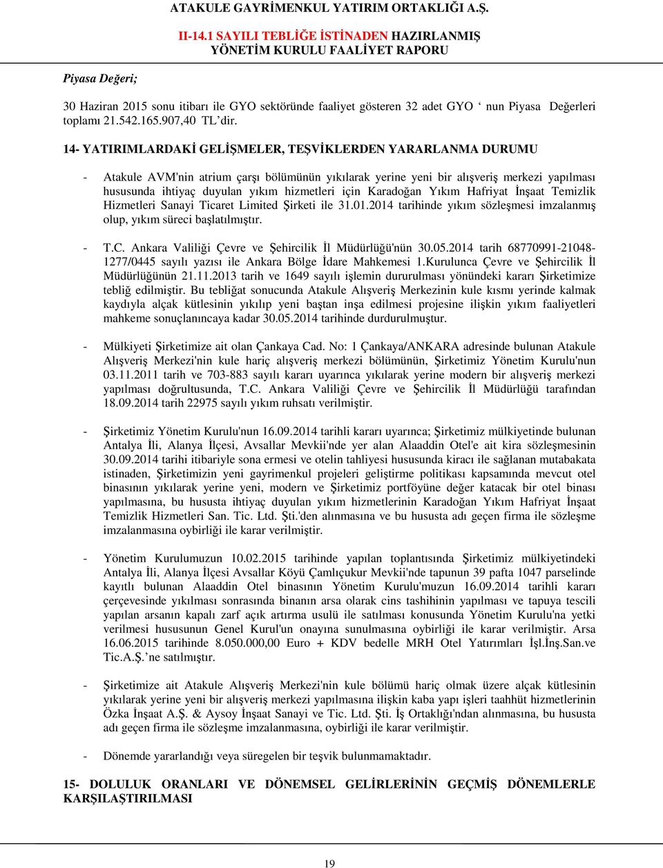 için Karadoğan Yıkım Hafriyat İnşaat Temizlik Hizmetleri Sanayi Ticaret Limited Şirketi ile 31.01.2014 tarihinde yıkım sözleşmesi imzalanmış olup, yıkım süreci başlatılmıştır. - T.C.
