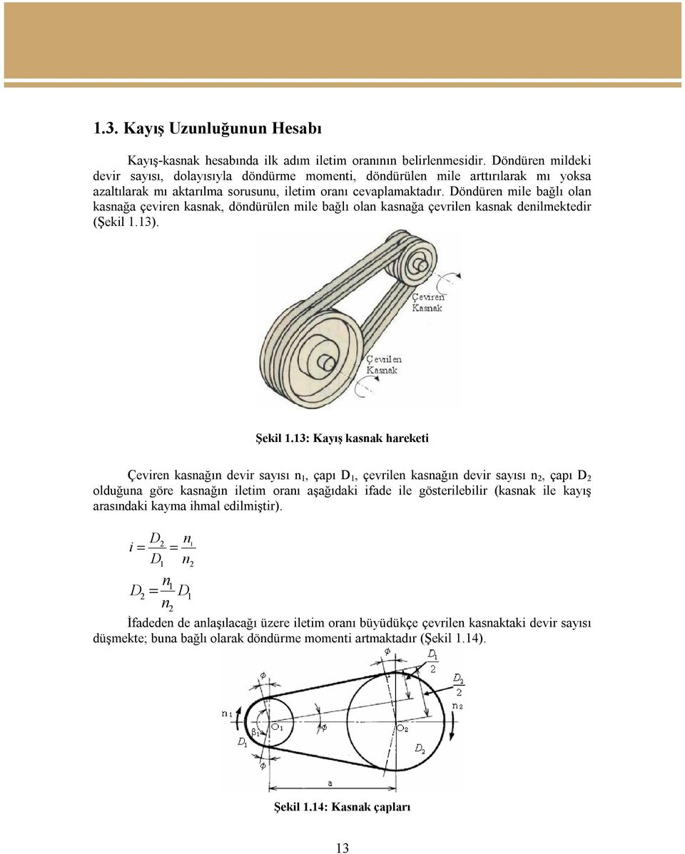 Döndüren mile bağlı olan kasnağa çeviren kasnak, döndürülen mile bağlı olan kasnağa çevrilen kasnak denilmektedir (Şekil 1.13). Şekil 1.