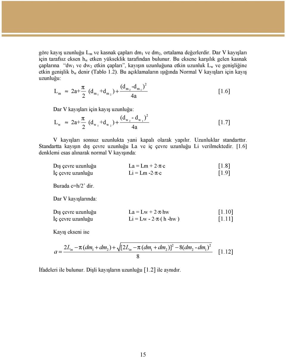 Bu açıklamaların ışığında Normal V kayışları için kayış uzunluğu: 2 π (dm -d 2 m ) 1 L m 2a+ (d m +d 1 m ) + [1.