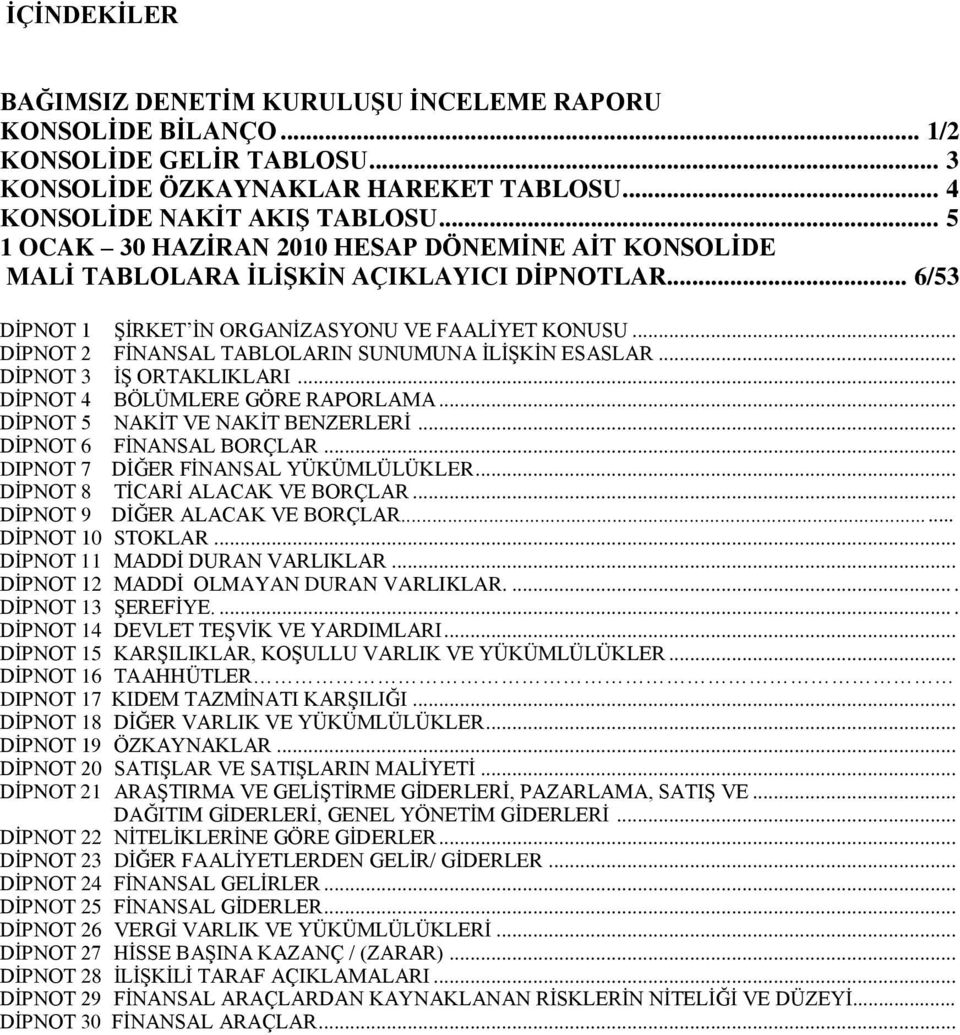 .. DĠPNOT 2 FĠNANSAL TABLOLARIN SUNUMUNA ĠLĠġKĠN ESASLAR... DĠPNOT 3 Ġġ ORTAKLIKLARI... DĠPNOT 4 BÖLÜMLERE GÖRE RAPORLAMA... DĠPNOT 5 NAKĠT VE NAKĠT BENZERLERĠ... DĠPNOT 6 FĠNANSAL BORÇLAR.
