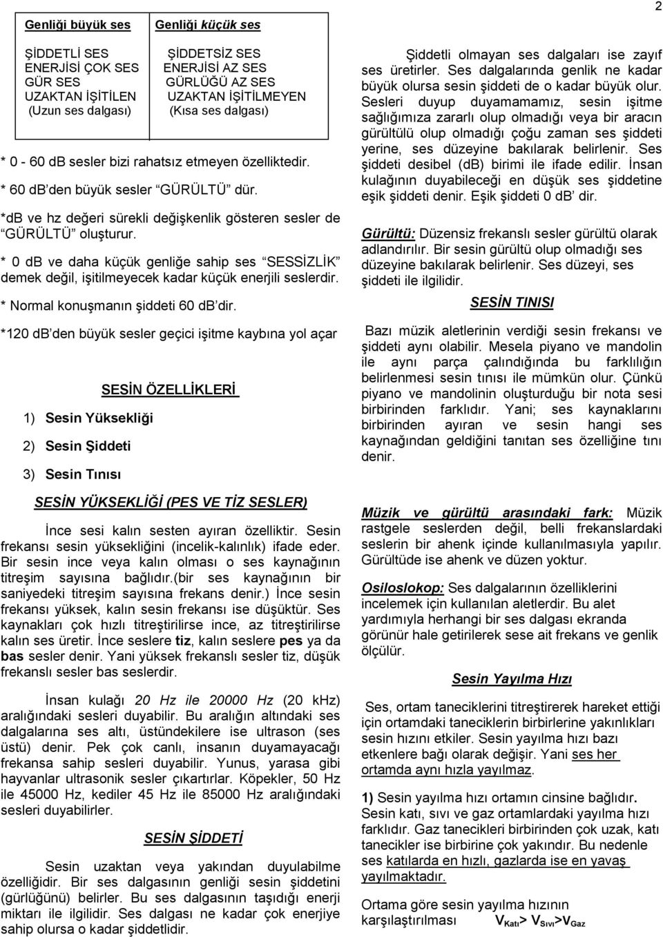 * 0 db ve daha küçük genliğe sahip ses SESSĠZLĠK demek değil, iģitilmeyecek kadar küçük enerjili seslerdir. * Normal konuģmanın Ģiddeti 60 db dir.