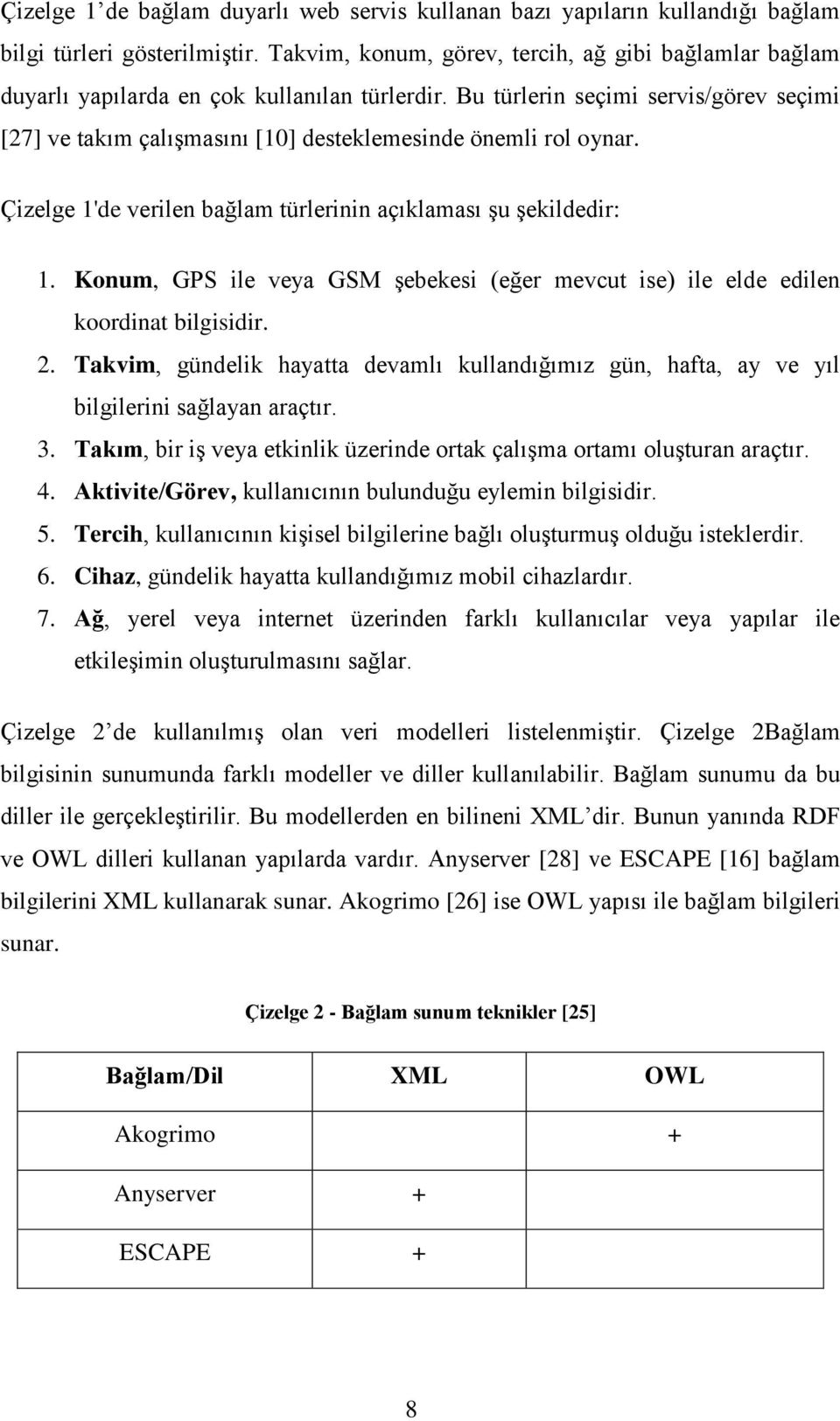 Bu türlerin seçimi servis/görev seçimi [27] ve takım çalıģmasını [10] desteklemesinde önemli rol oynar. Çizelge 1'de verilen bağlam türlerinin açıklaması Ģu Ģekildedir: 1.