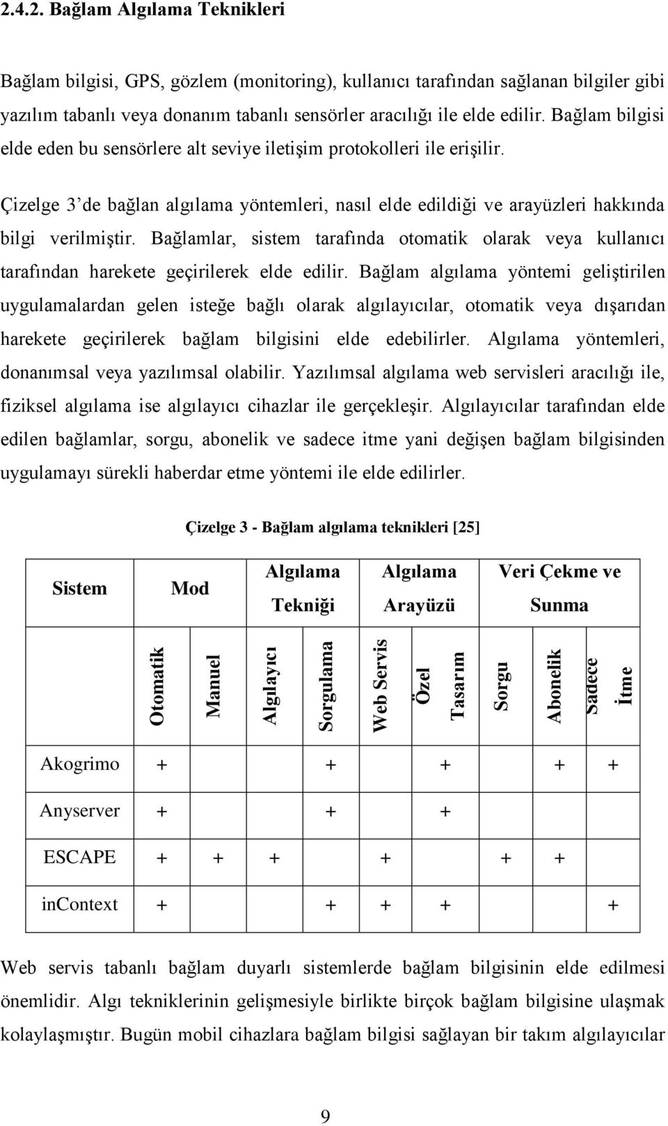 Bağlam bilgisi elde eden bu sensörlere alt seviye iletiģim protokolleri ile eriģilir. Çizelge 3 de bağlan algılama yöntemleri, nasıl elde edildiği ve arayüzleri hakkında bilgi verilmiģtir.