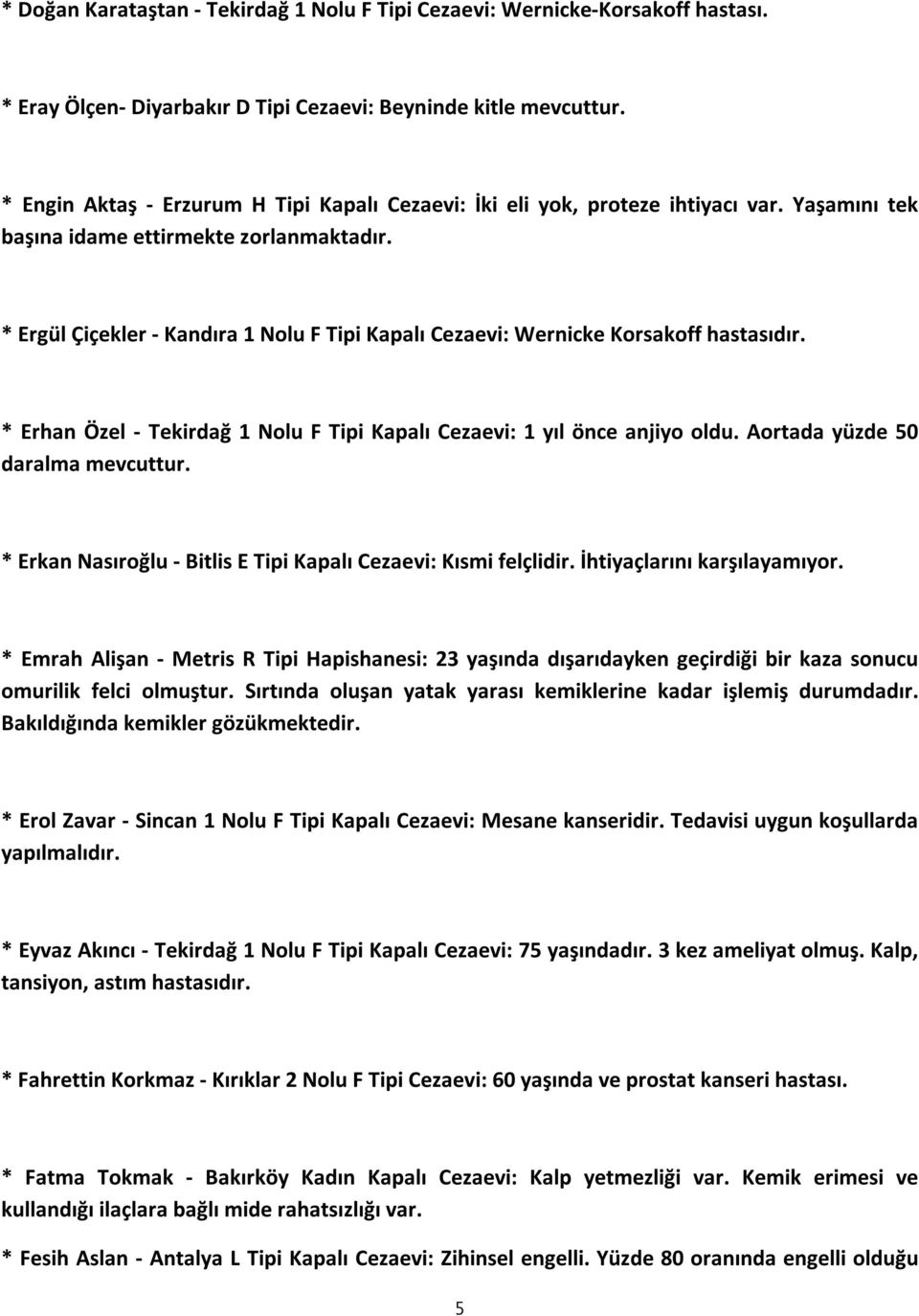 * Ergül Çiçekler - Kandıra 1 Nolu F Tipi Kapalı Cezaevi: Wernicke Korsakoff hastasıdır. * Erhan Özel - Tekirdağ 1 Nolu F Tipi Kapalı Cezaevi: 1 yıl önce anjiyo oldu.