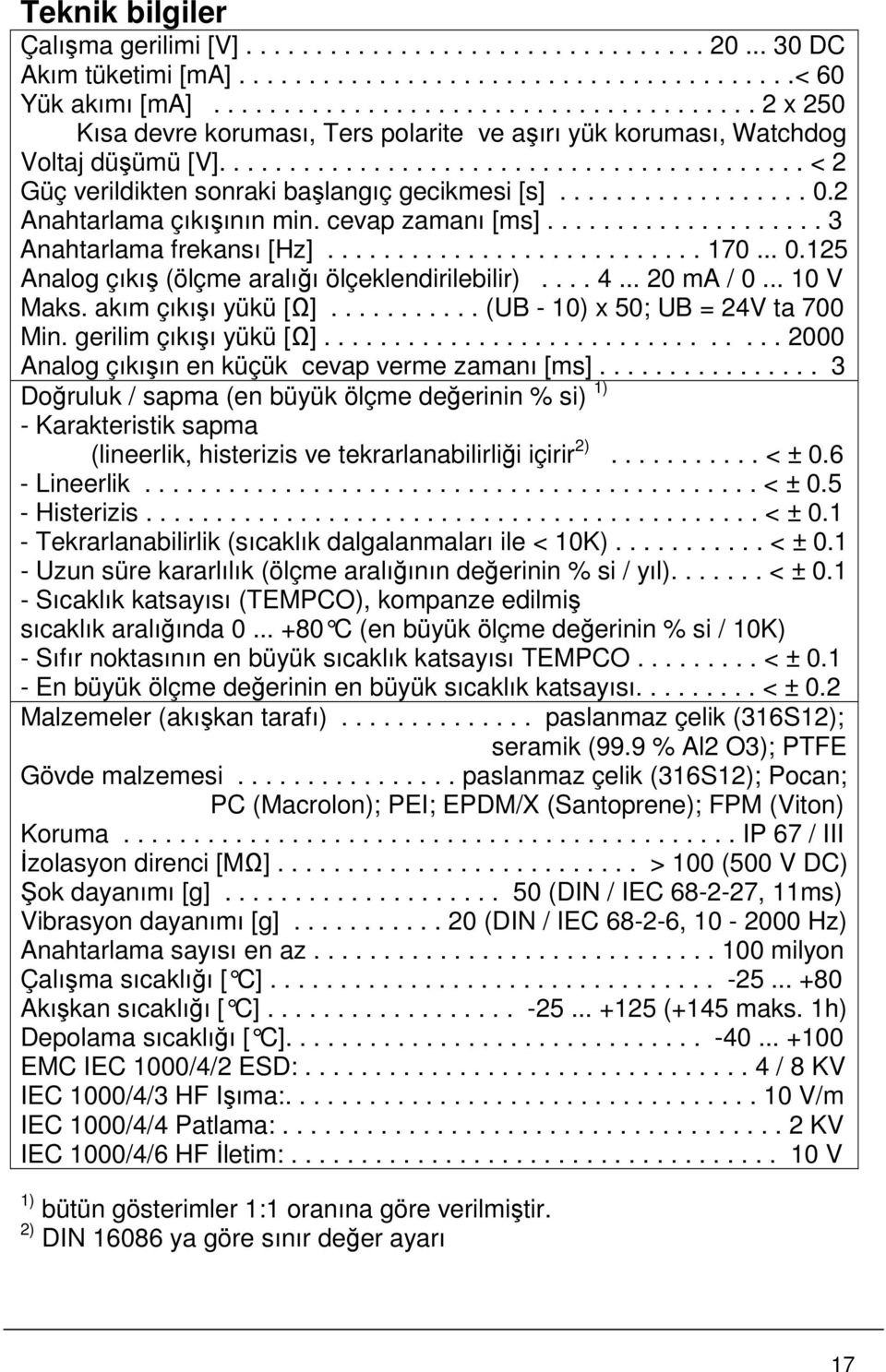 ................. 0.2 Anahtarlama çıkışının min. cevap zamanı [ms].................... 3 Anahtarlama frekansı [Hz]........................... 170... 0.125 Analog çıkış (ölçme aralığı ölçeklendirilebilir).