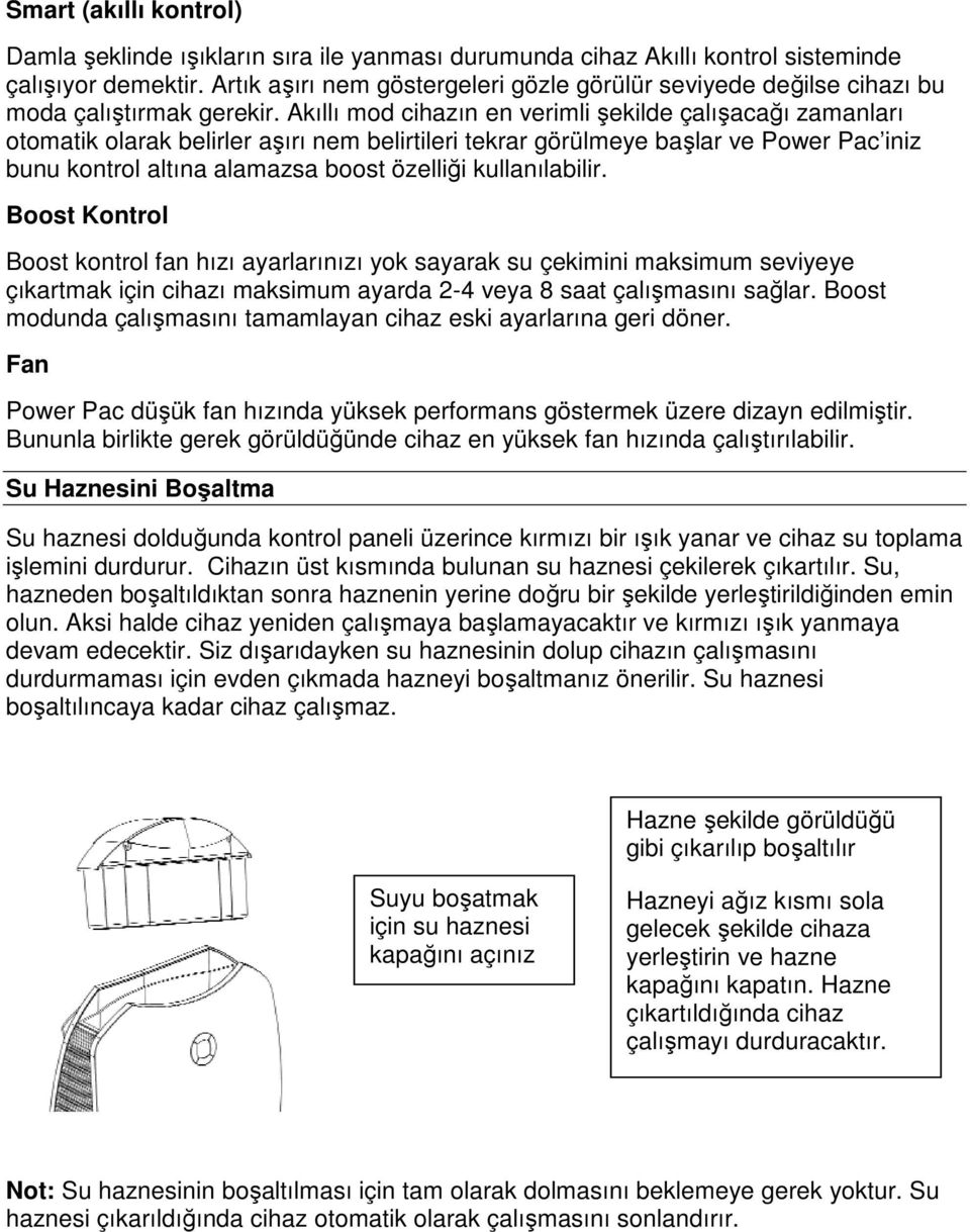 Akıllı mod cihazın en verimli şekilde çalışacağı zamanları otomatik olarak belirler aşırı nem belirtileri tekrar görülmeye başlar ve Power Pac iniz bunu kontrol altına alamazsa boost özelliği