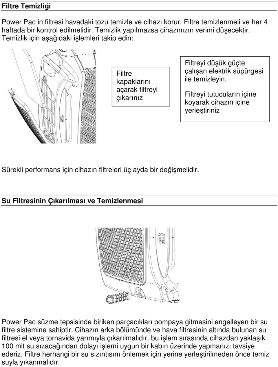 Filtreyi tutucuların içine koyarak cihazın içine yerleştiriniz Sürekli performans için cihazın filtreleri üç ayda bir değişmelidir.