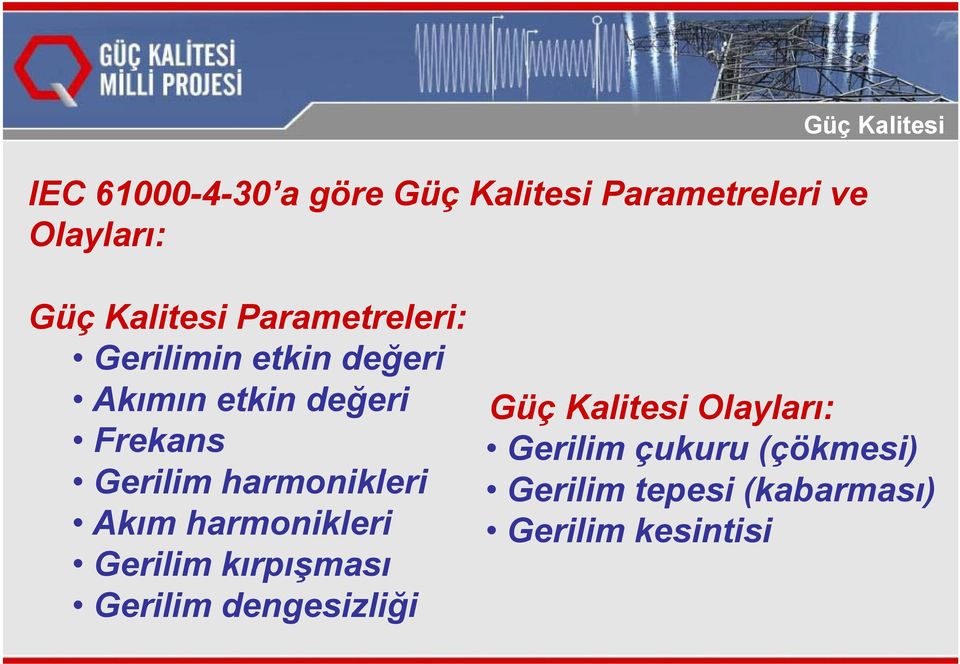 harmonikleri i Akım harmonikleri Gerilim kırpışması Gerilim dengesizliği Güç