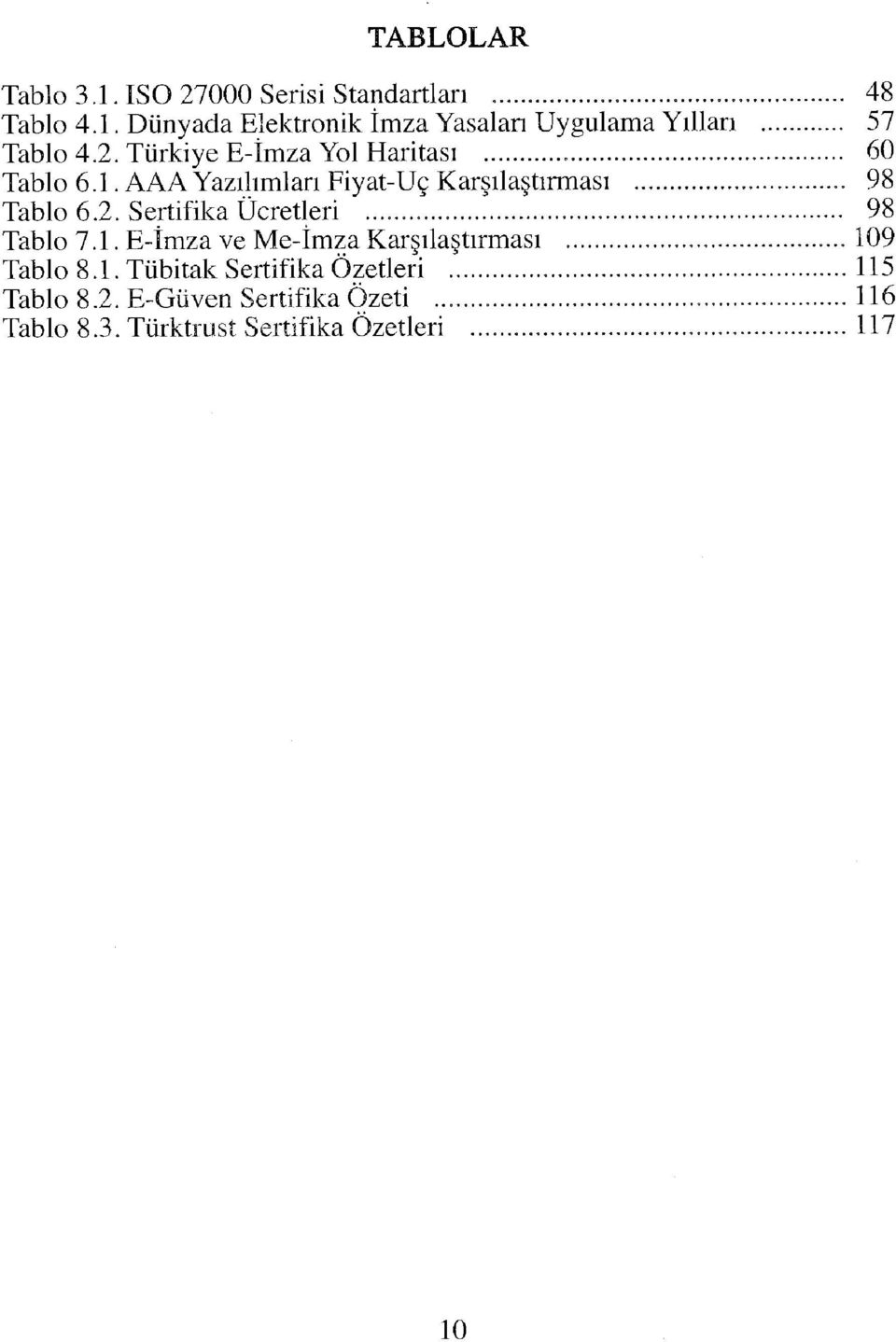 AAA Yazılımları Fiyat-Uç Karşılaştırması 98 Tablo 6.2. Sertifika Ücretleri 98 Tablo 7.1.